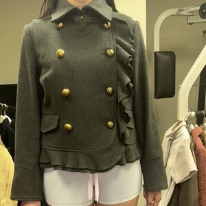 Double-Breasted Ruffle-Trim Peacoat Jacket - Gray